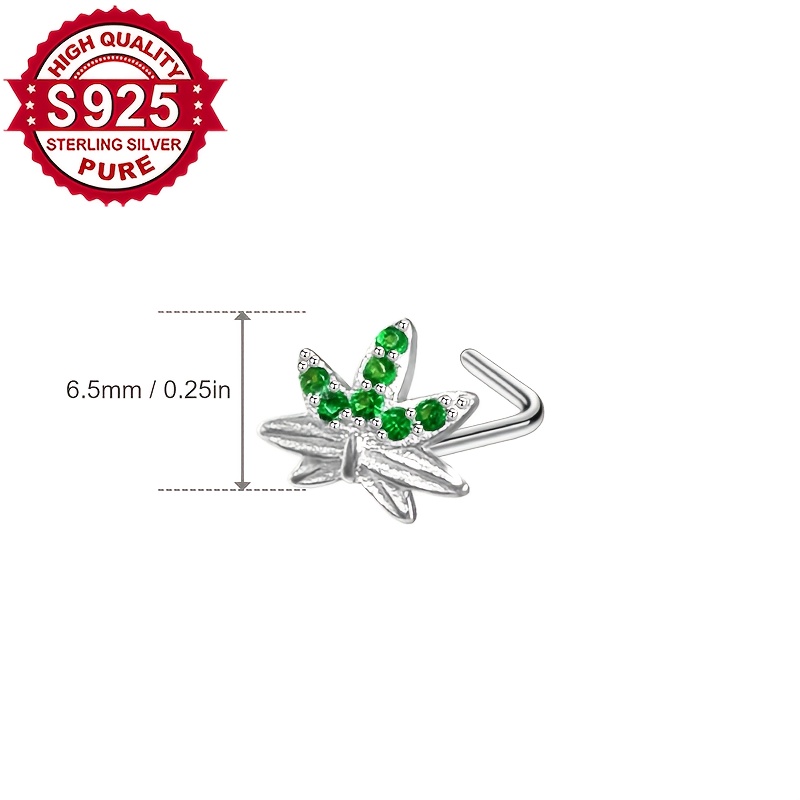 Women's S925 Silver Emerald Green Zirconia Maple Leaf Nose Stud